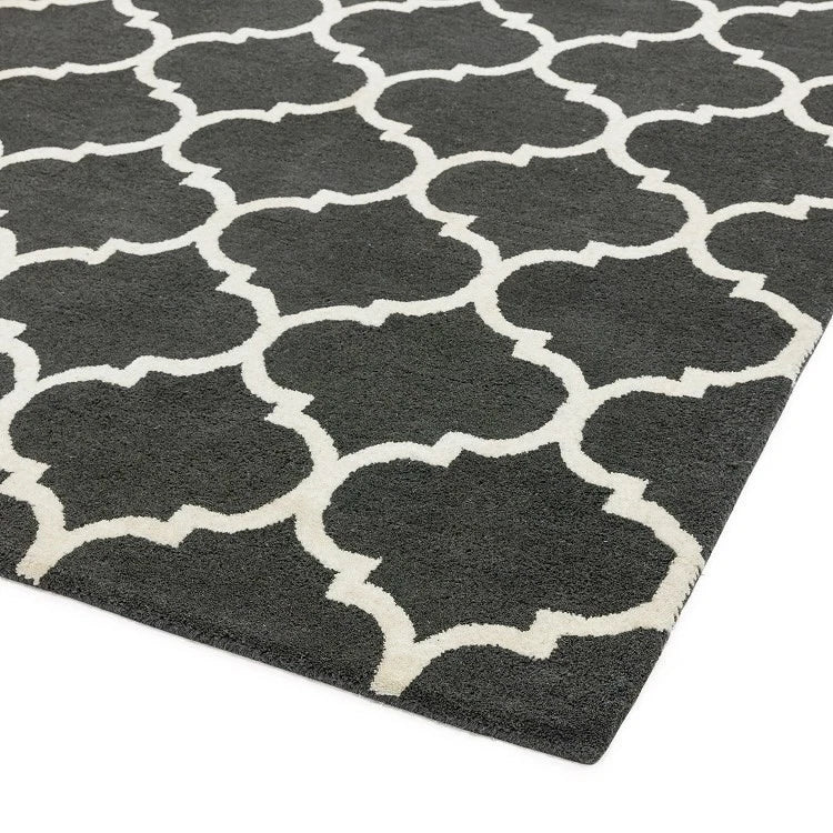 Asiatic Albany Wool Rug Charcoal Grey Ogee Geometric Scandi Hand Tufted Large