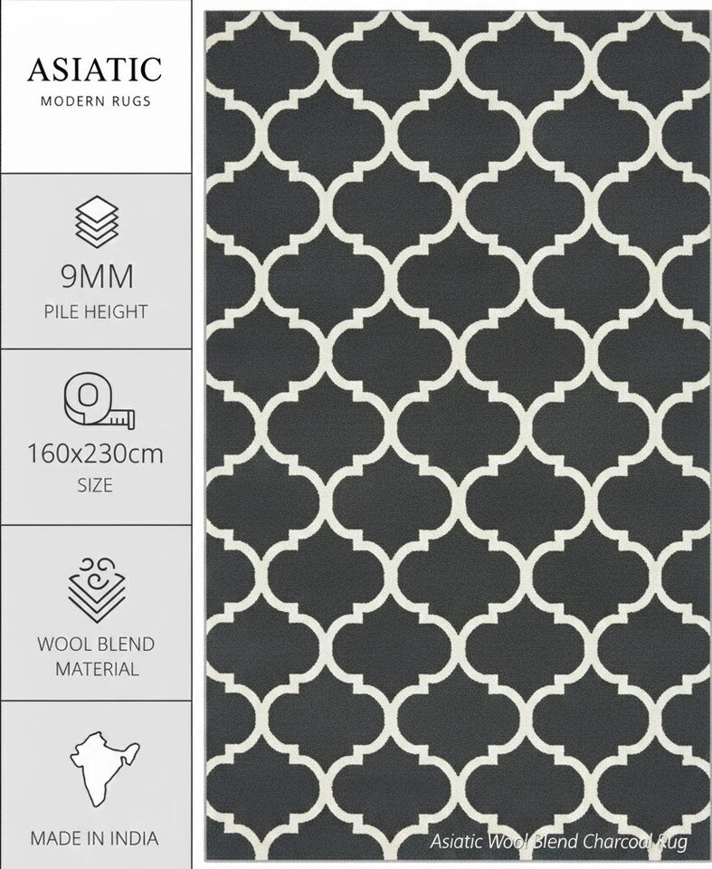 Asiatic Albany Wool Rug Charcoal Grey Ogee Geometric Scandi Hand Tufted Large