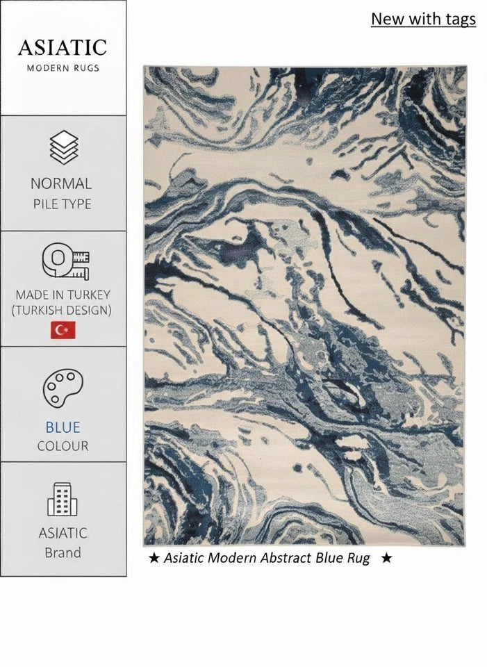 Aurora Rug Blue Silver Slate Abstract Metallic High Shine Living Room Mat