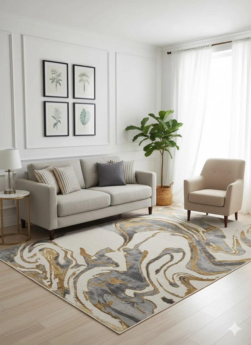 Aurora Gold Rug Abstract Modern Metallic High Shine Carpet Living Room