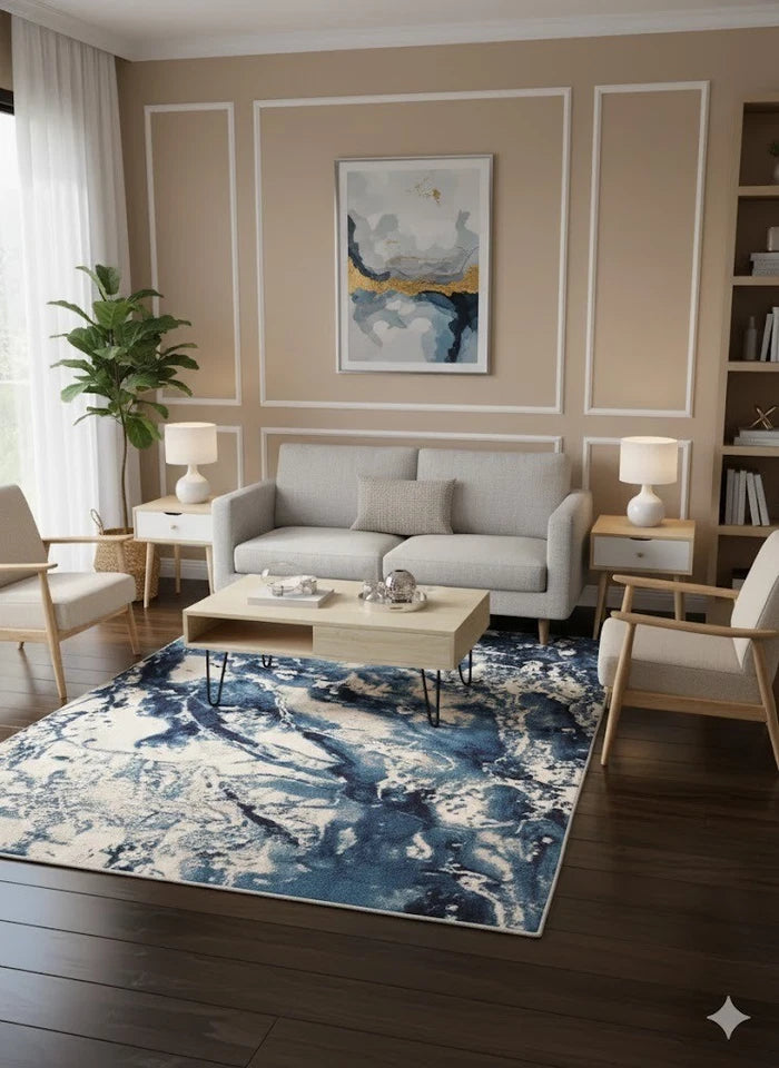 Blue Abstract Rug 160x230cm Luxury Soft Silk Effect Modern Living Room Carpet