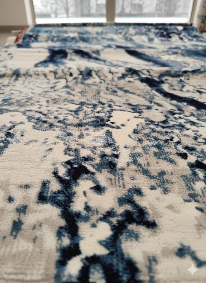 Blue Abstract Rug 160x230cm Luxury Soft Silk Effect Modern Living Room Carpet