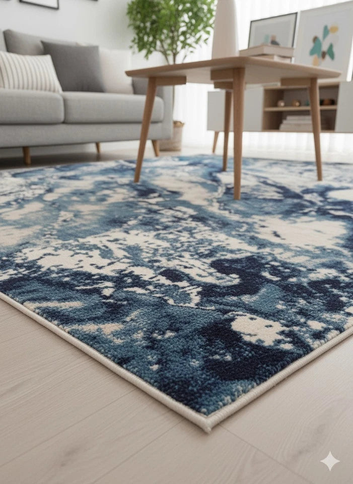 Blue Abstract Rug 160x230cm Luxury Soft Silk Effect Modern Living Room Carpet