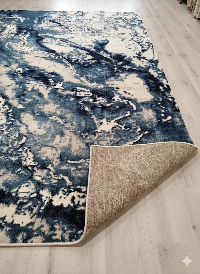 Blue Abstract Rug 160x230cm Luxury Soft Silk Effect Modern Living Room Carpet