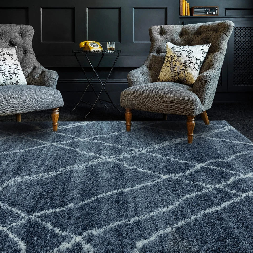 Luxurious Alto Blue & Cream Moroccan Rug 160x230cm, Machine-Woven