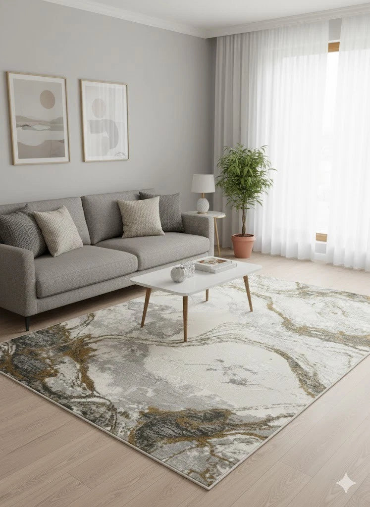 Luxury Gold Abstract Rug 120x170cm Modern Mustard Yellow Soft Pile