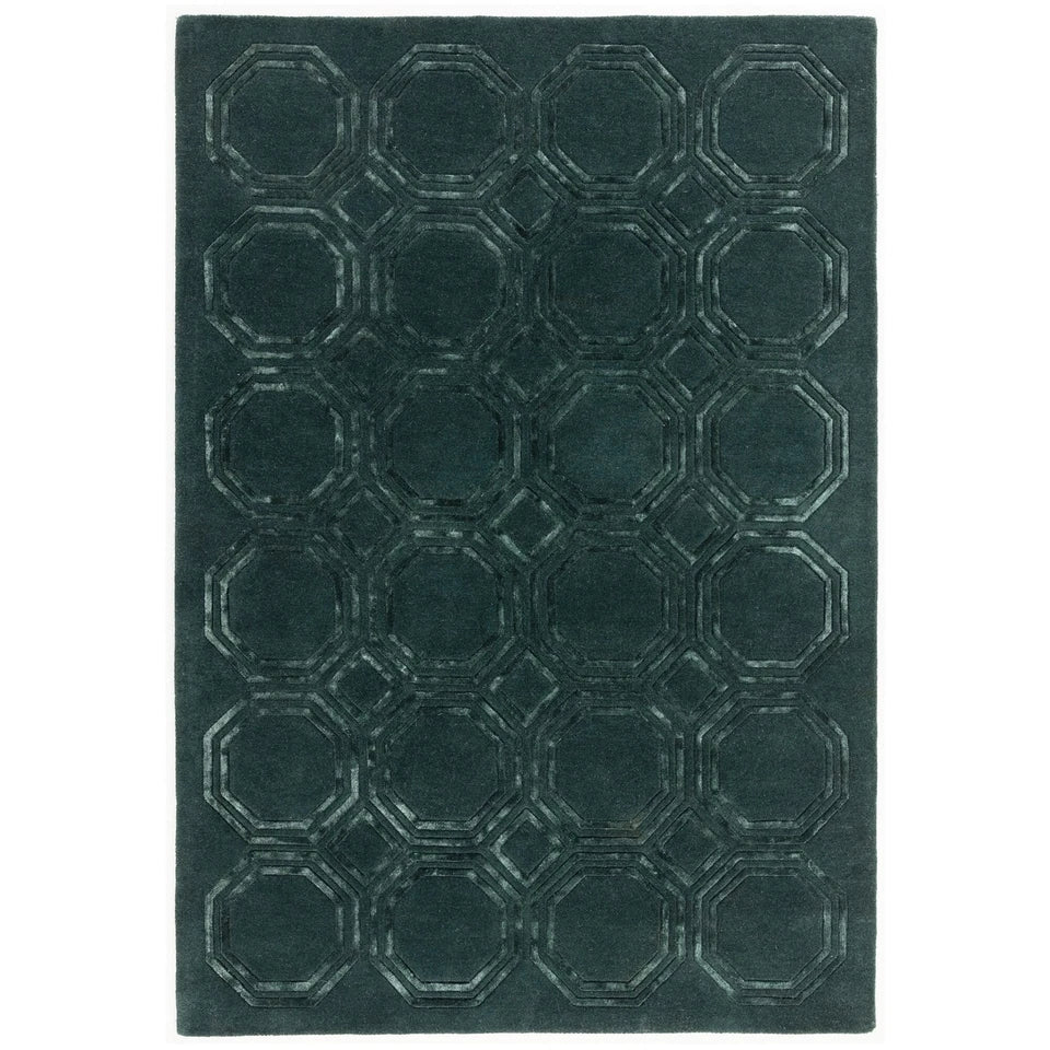 Luxury Nexus Octagon Petrol Rug 160x230cm, Hand Carved For Living Room & Bedroom