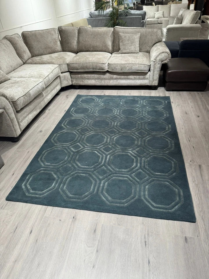 Luxury Nexus Octagon Petrol Rug 160x230cm, Hand Carved For Living Room & Bedroom