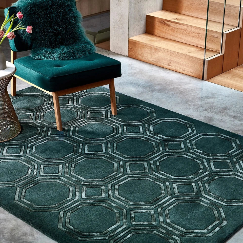 Luxury Nexus Octagon Petrol Rug 160x230cm, Hand Carved For Living Room & Bedroom