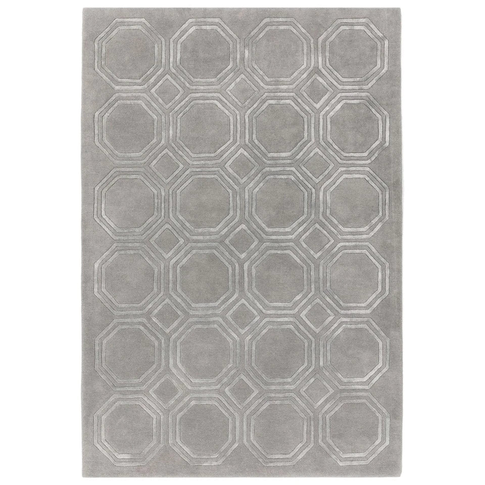 Luxury Nexus Octagon Silver Rug 160x230cm, Hand Carved for Bedroom & Living Room