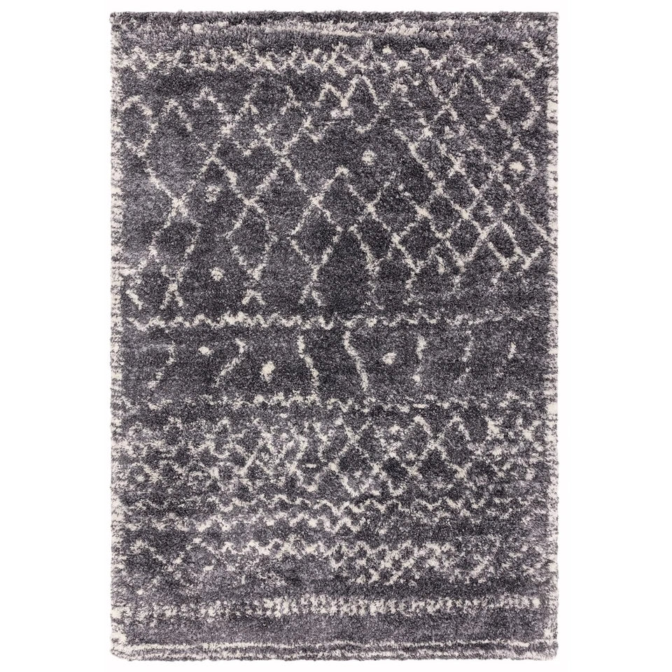 Modern Alto Grey & Cream Moroccan Shaggy Rug 160x230cm – Luxurious Shag Pile Rug