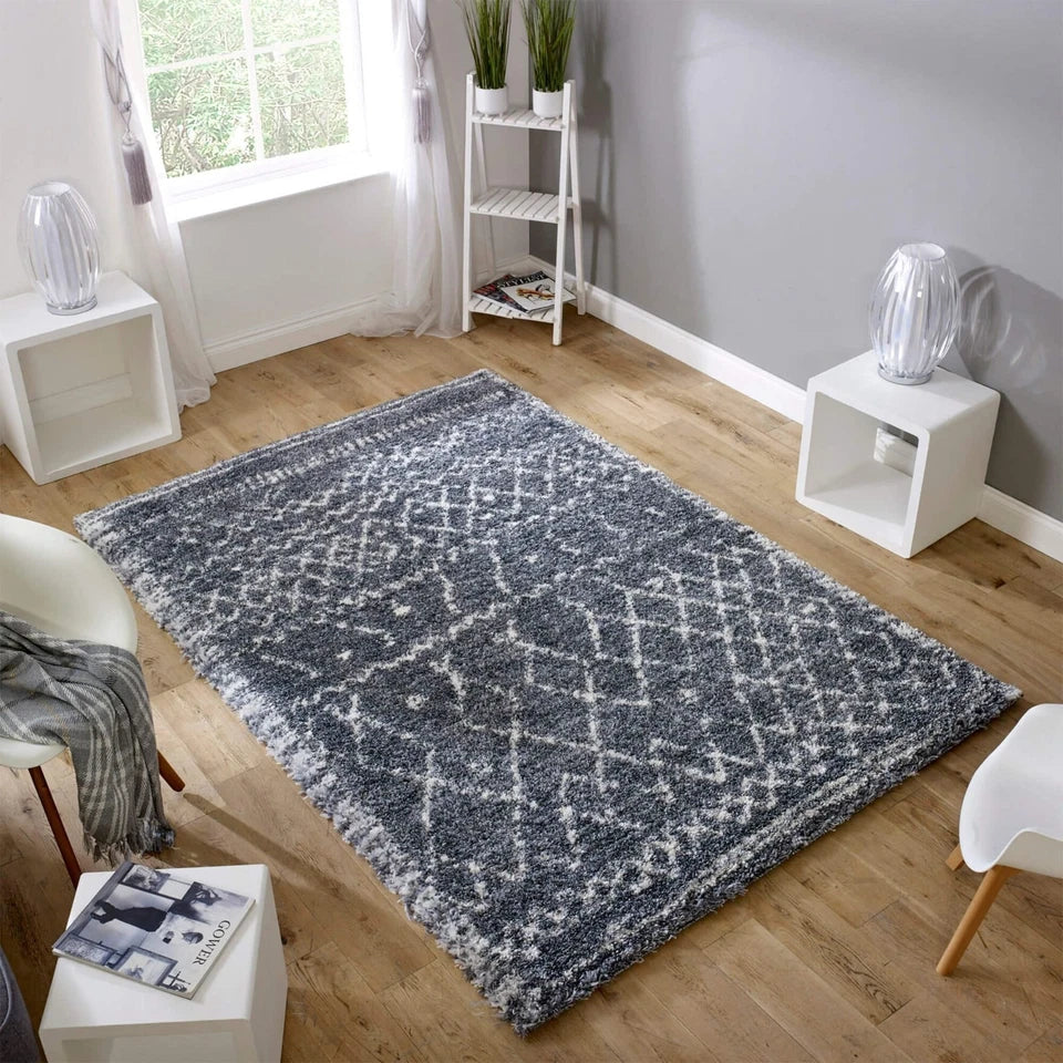 Modern Alto Grey & Cream Moroccan Shaggy Rug 160x230cm – Luxurious Shag Pile Rug