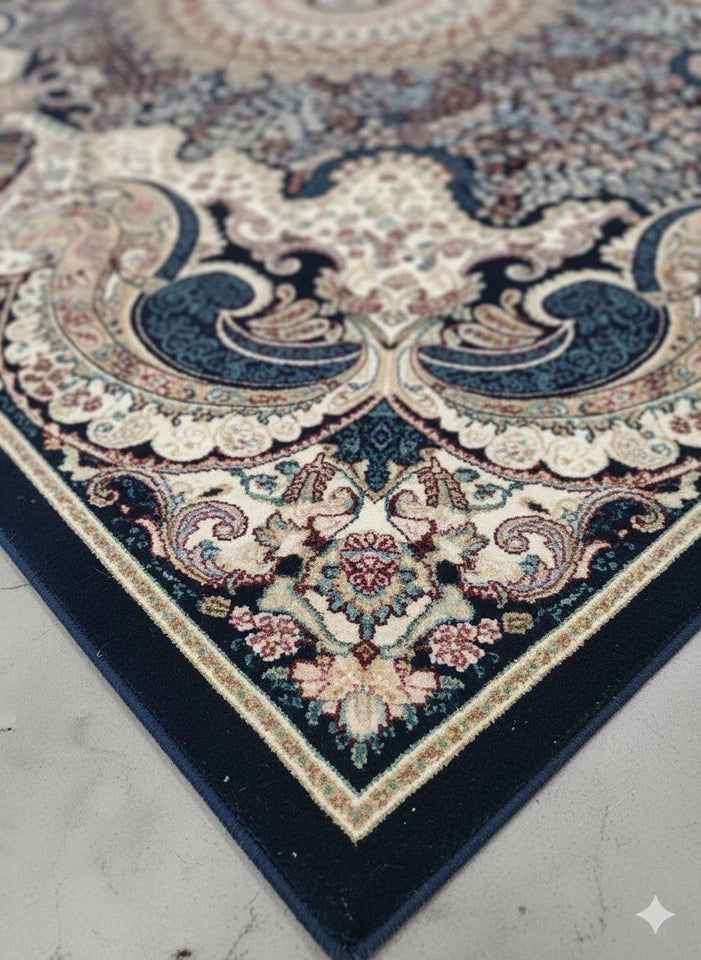 Navy Abstract Rug 160x230 Luxury Contemporary Silk Pile Modern M&S