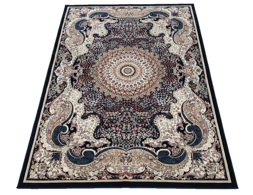 Navy Abstract Rug 160x230 Luxury Contemporary Silk Pile Modern M&S