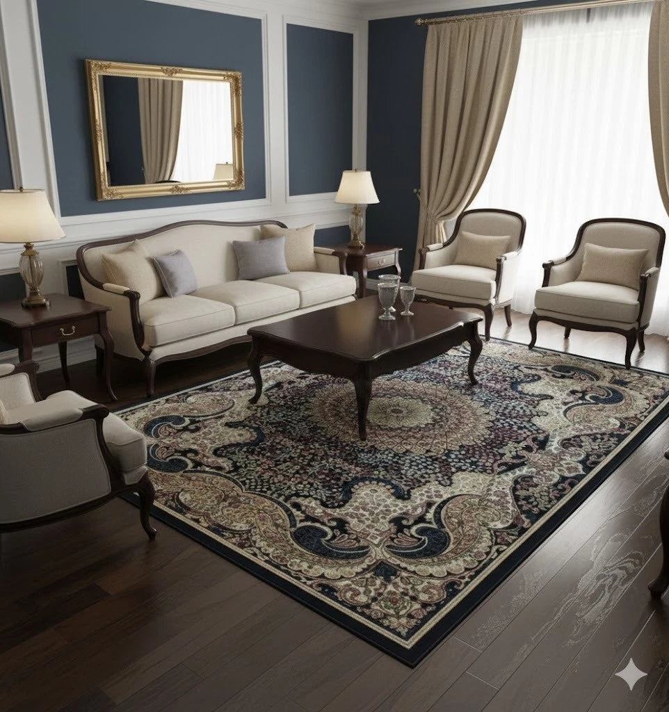 Navy Abstract Rug 160x230 Luxury Contemporary Silk Pile Modern M&S