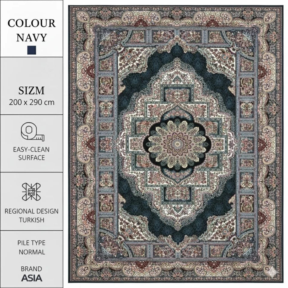 Navy Silk contemporary Rug 200x290cm Modern Bedroom Living Room Asia