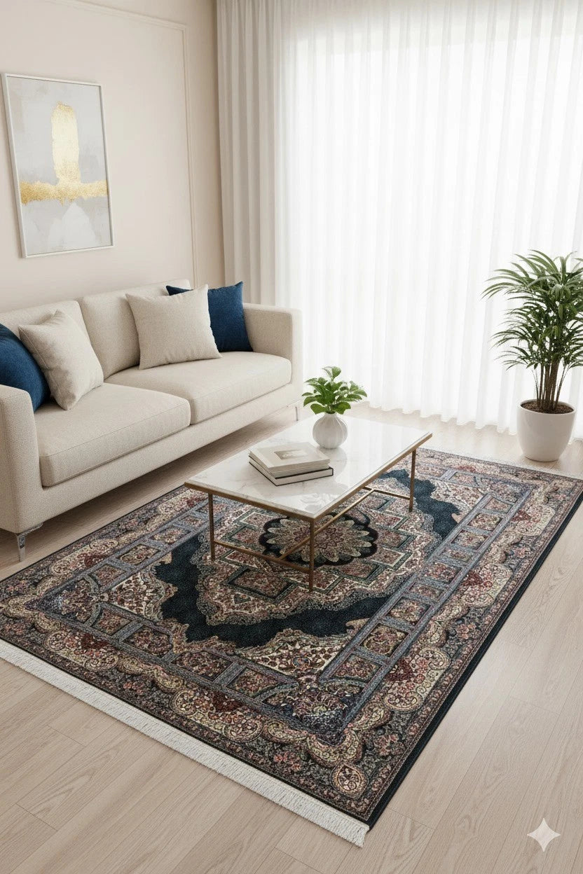 Navy Silk contemporary Rug 200x290cm Modern Bedroom Living Room Asia